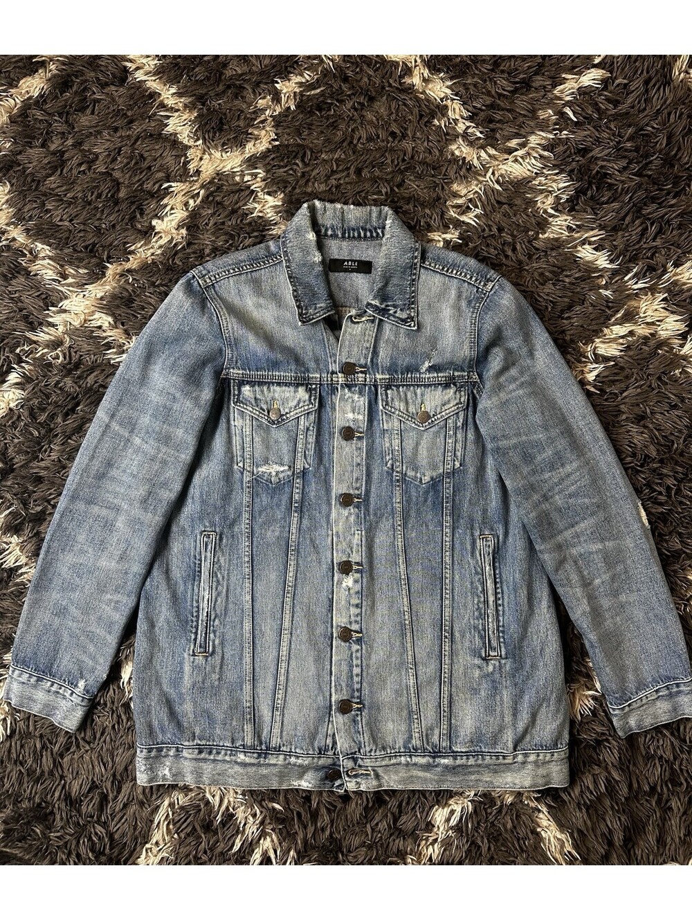 ABLE Distressed Blue Denim Trucker Jean Jacket Mens Size Medium Button Front